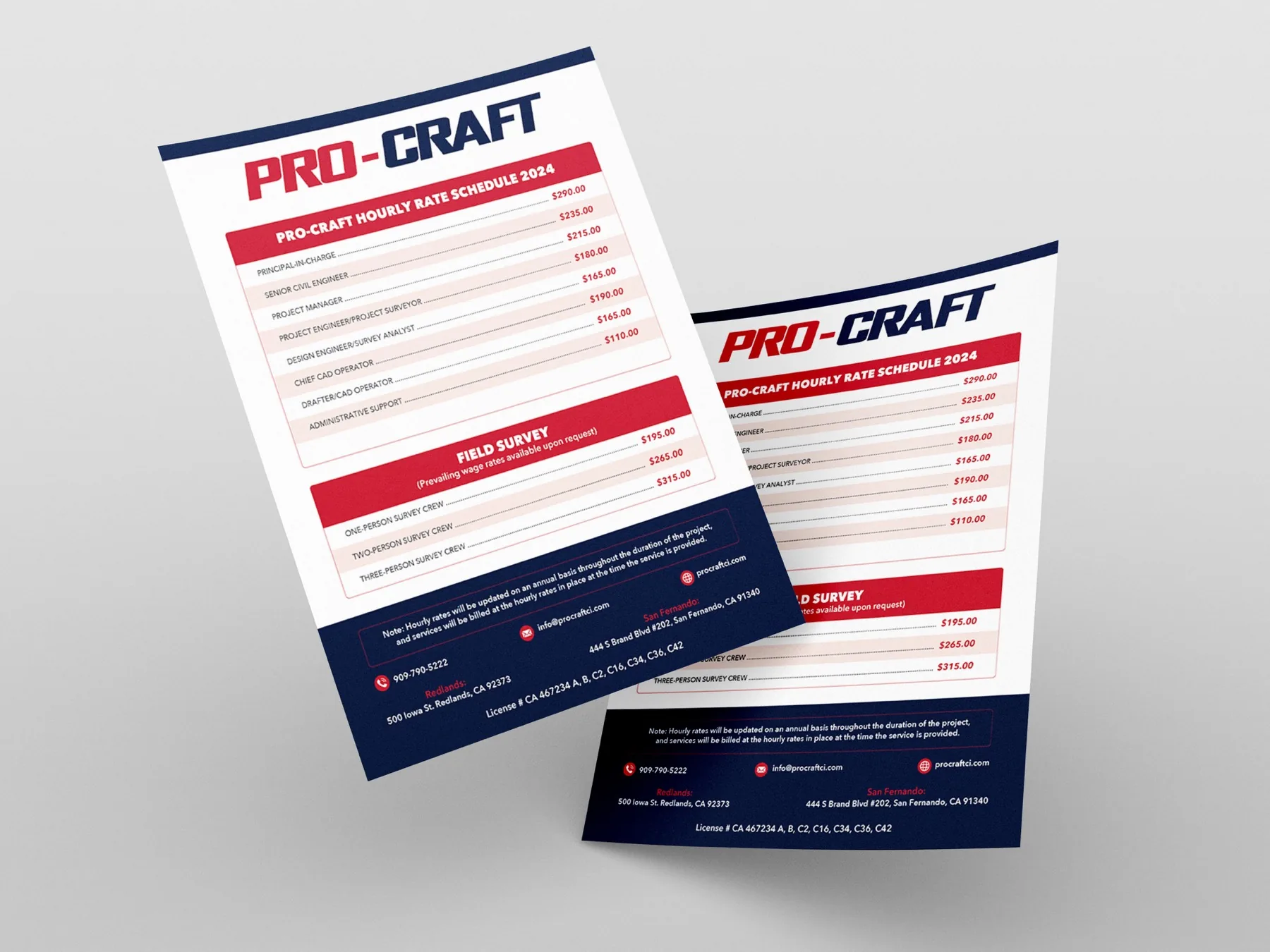 Pro-Craft Service rate sheet