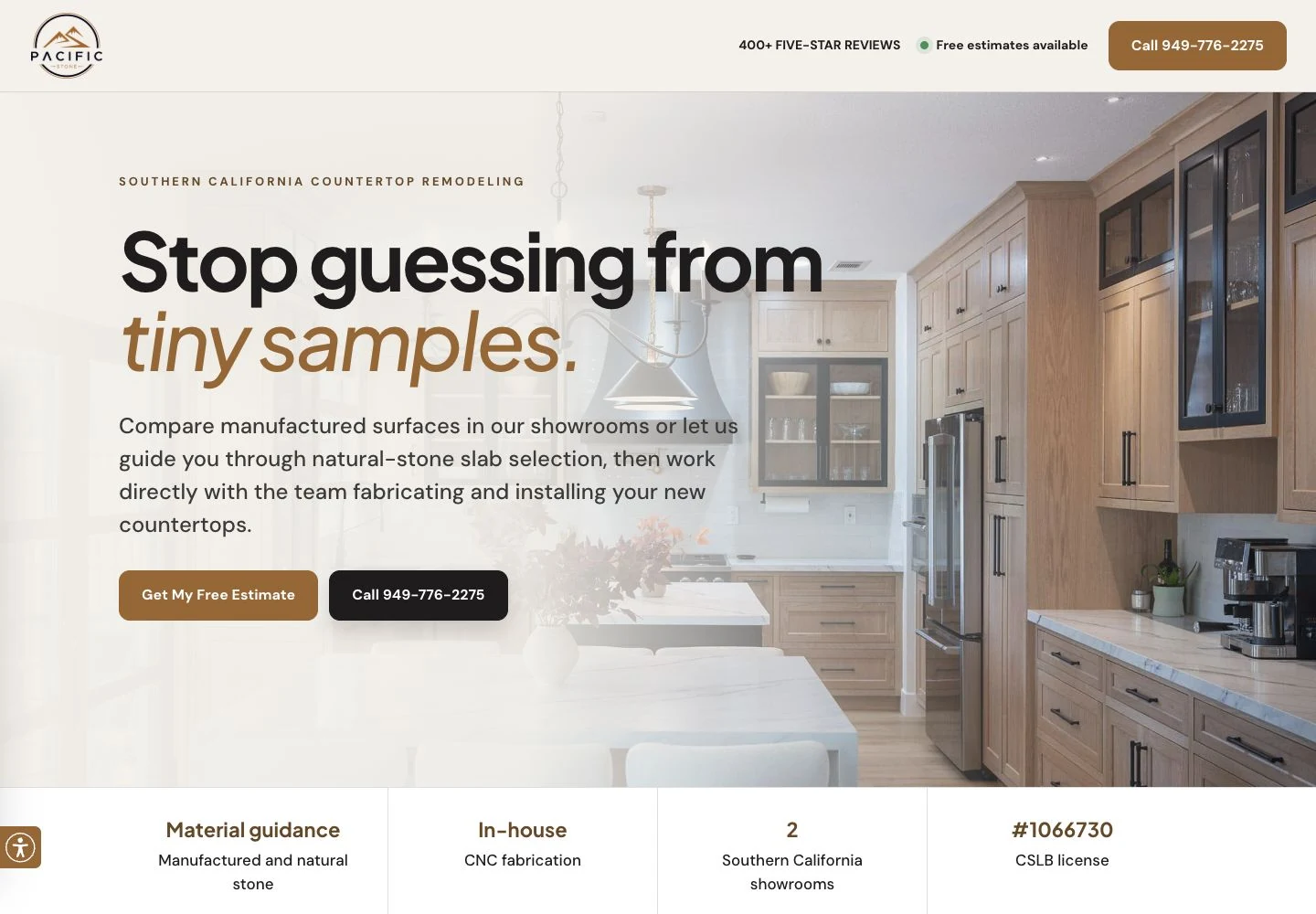 Pacific Stone countertop campaign landing page on desktop