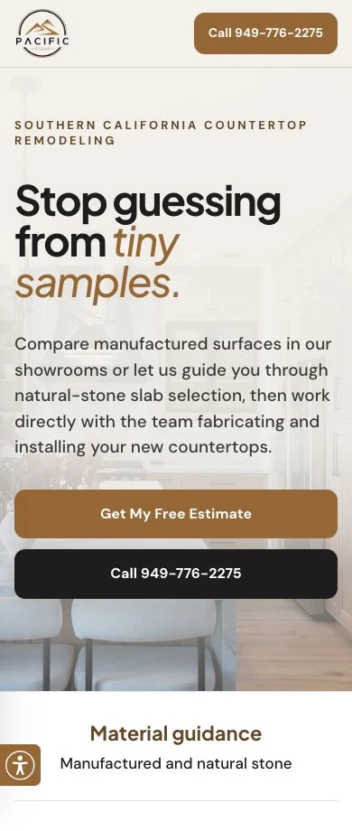 Pacific Stone countertop campaign landing page on mobile