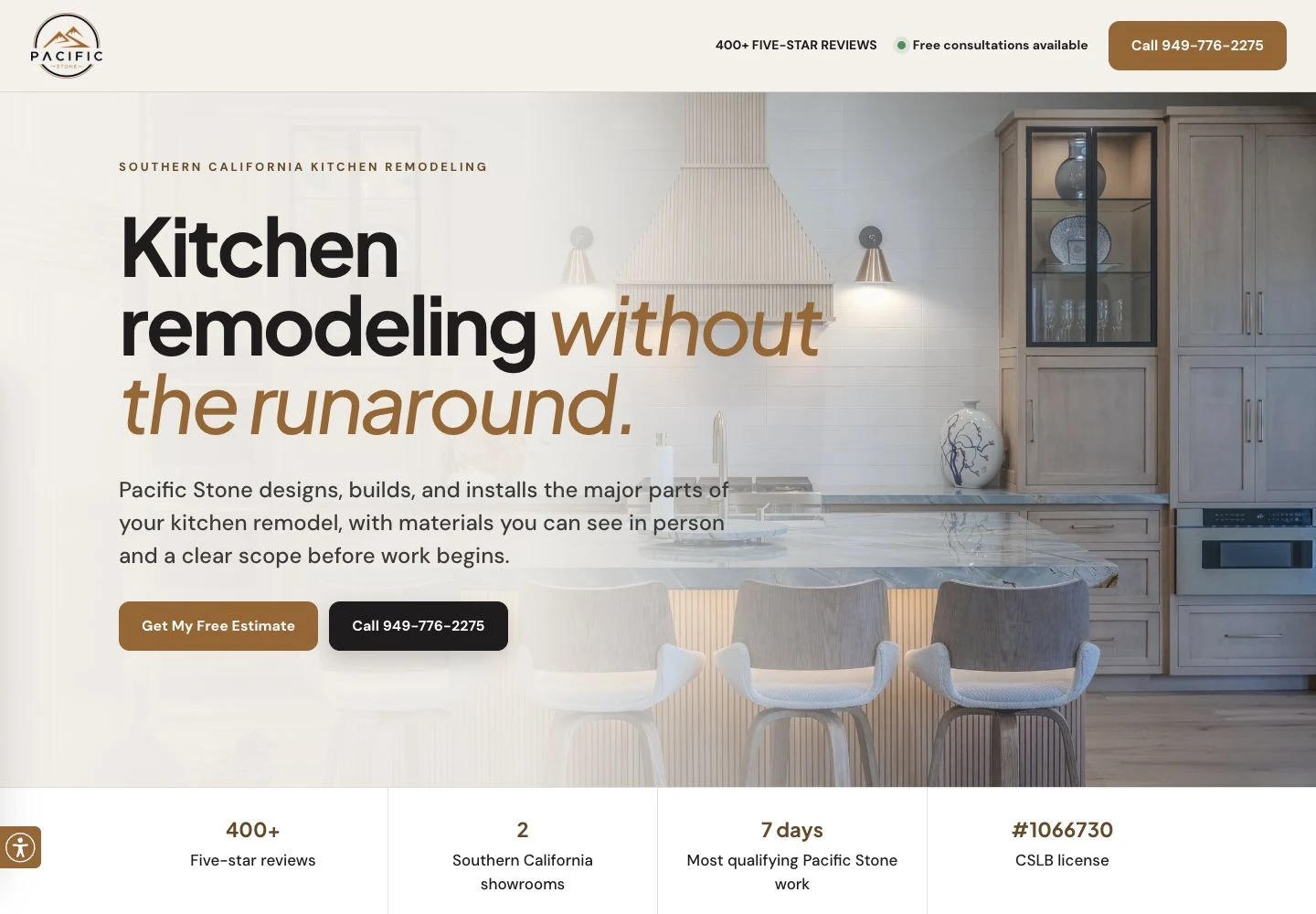 Pacific Stone kitchen remodeling campaign landing page on desktop
