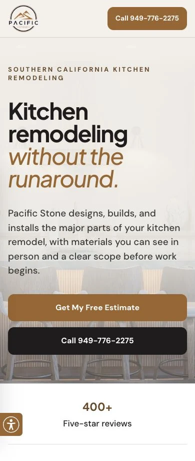 Pacific Stone kitchen remodeling campaign landing page on mobile