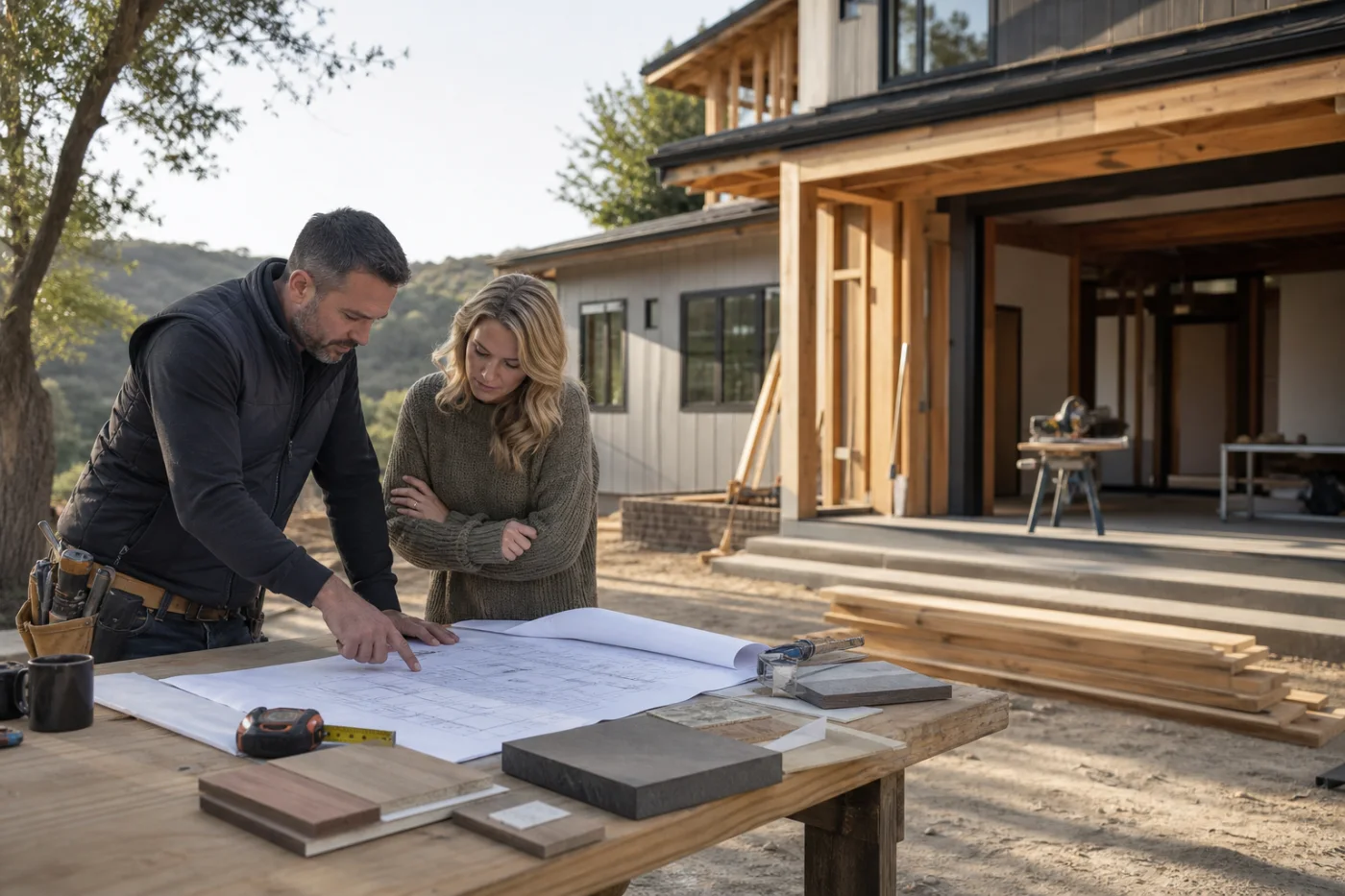 Builder and homeowner reviewing plans at a Temecula Valley construction site