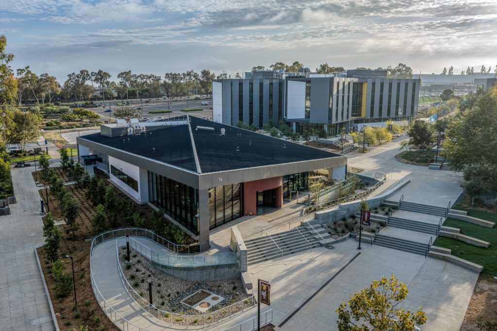 Aerial view of the completed CSU Dominguez Hills Student Housing and Dining Commons in 2026