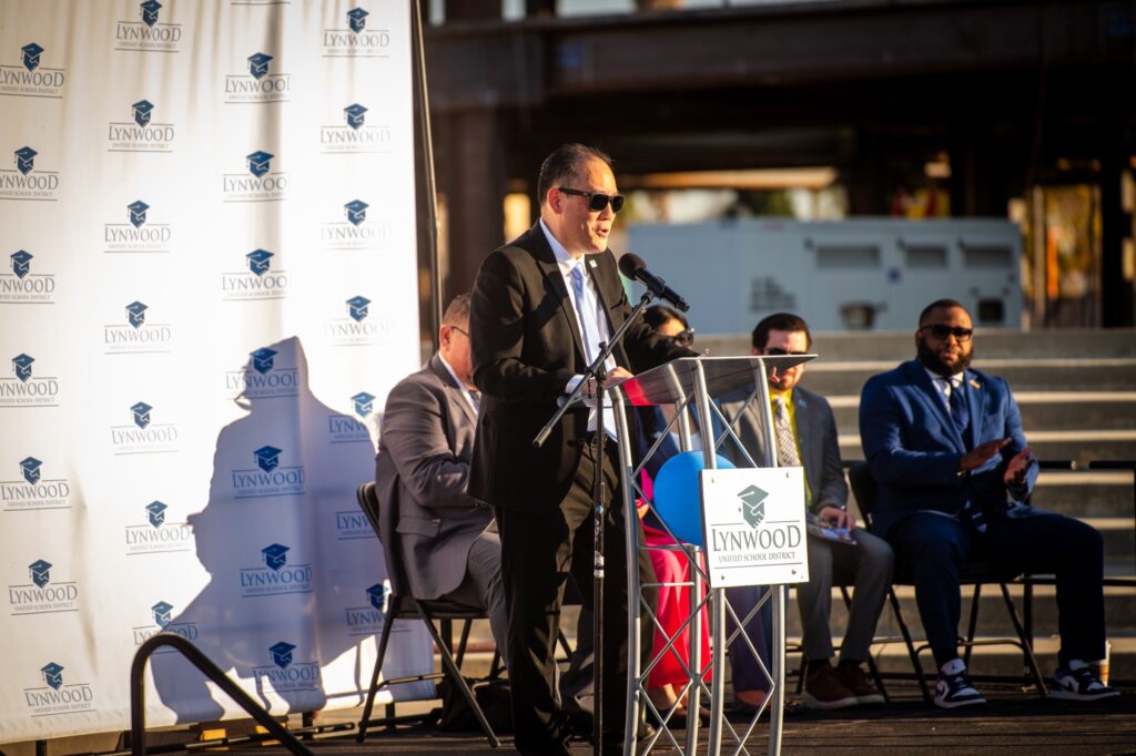 Speaker at the Lynwood High School topping out ceremony