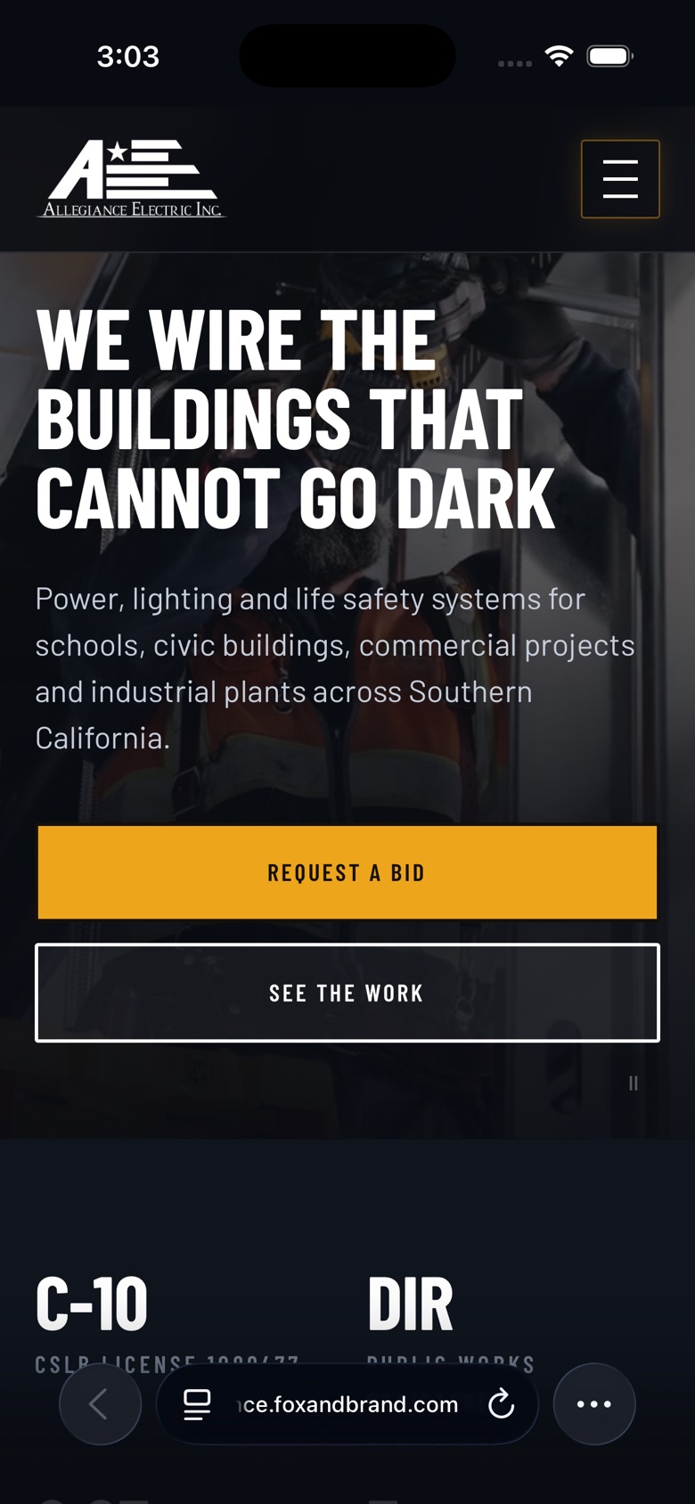 Homepage concept built for Allegiance Electric, on a phone