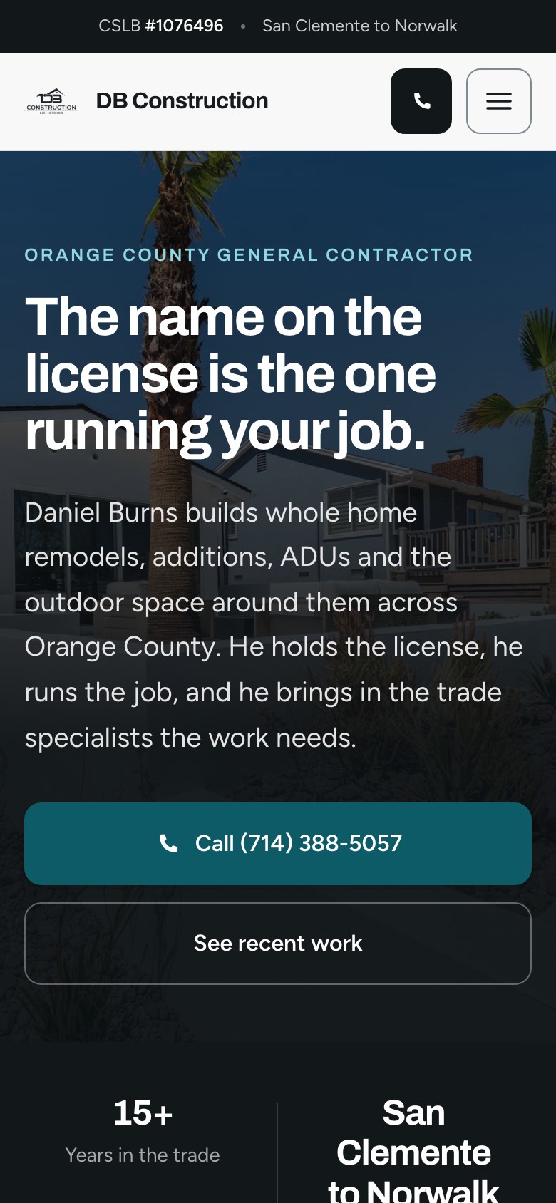 Homepage concept built for DB Construction, on a phone