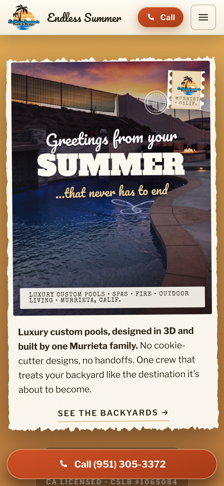 Homepage concept built for Endless Summer Pool and Design, on a phone