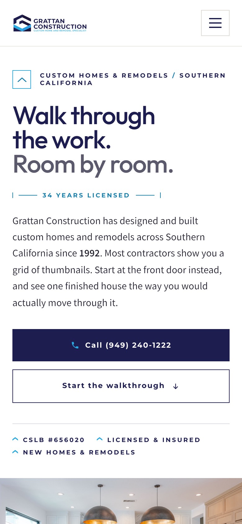 Homepage concept built for Grattan Construction, on a phone
