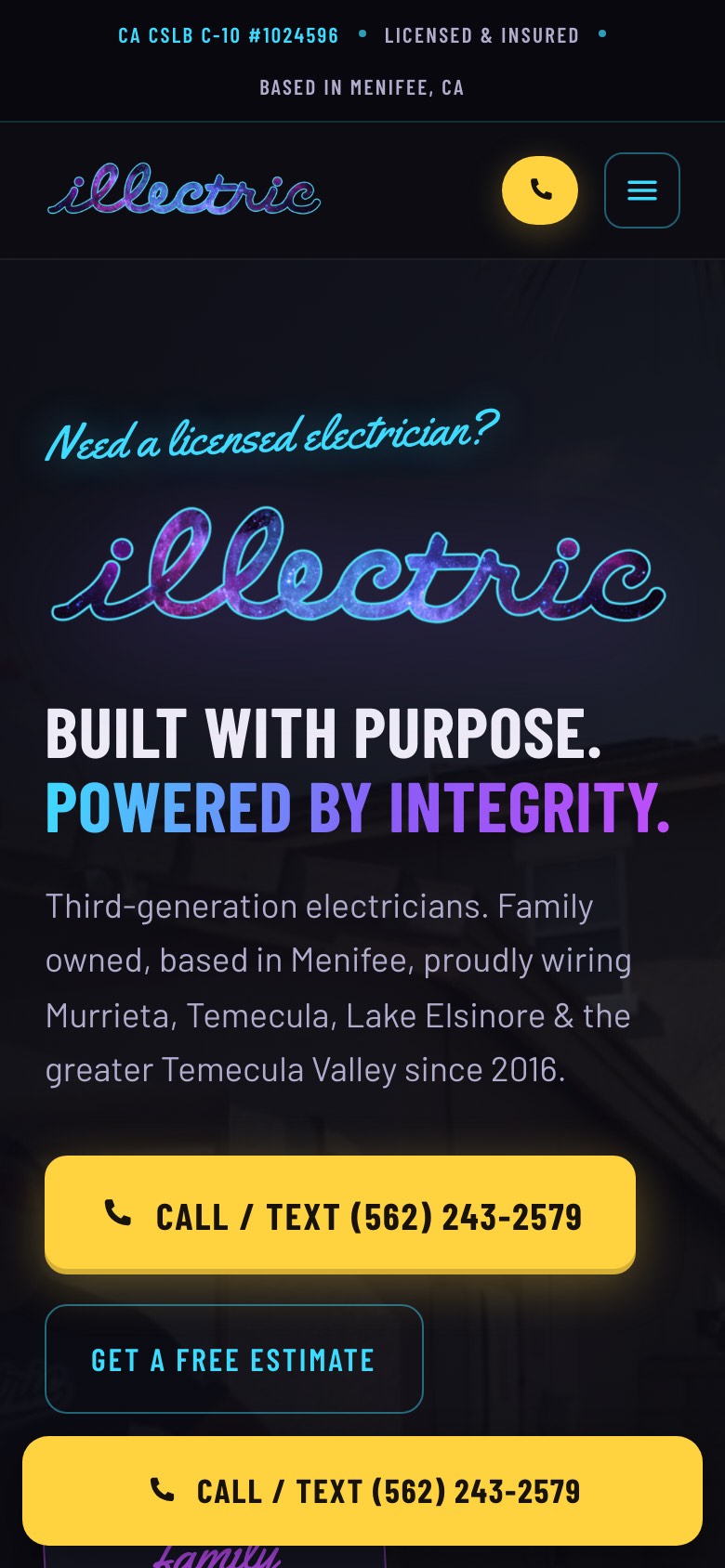Homepage concept built for illectric, on a phone