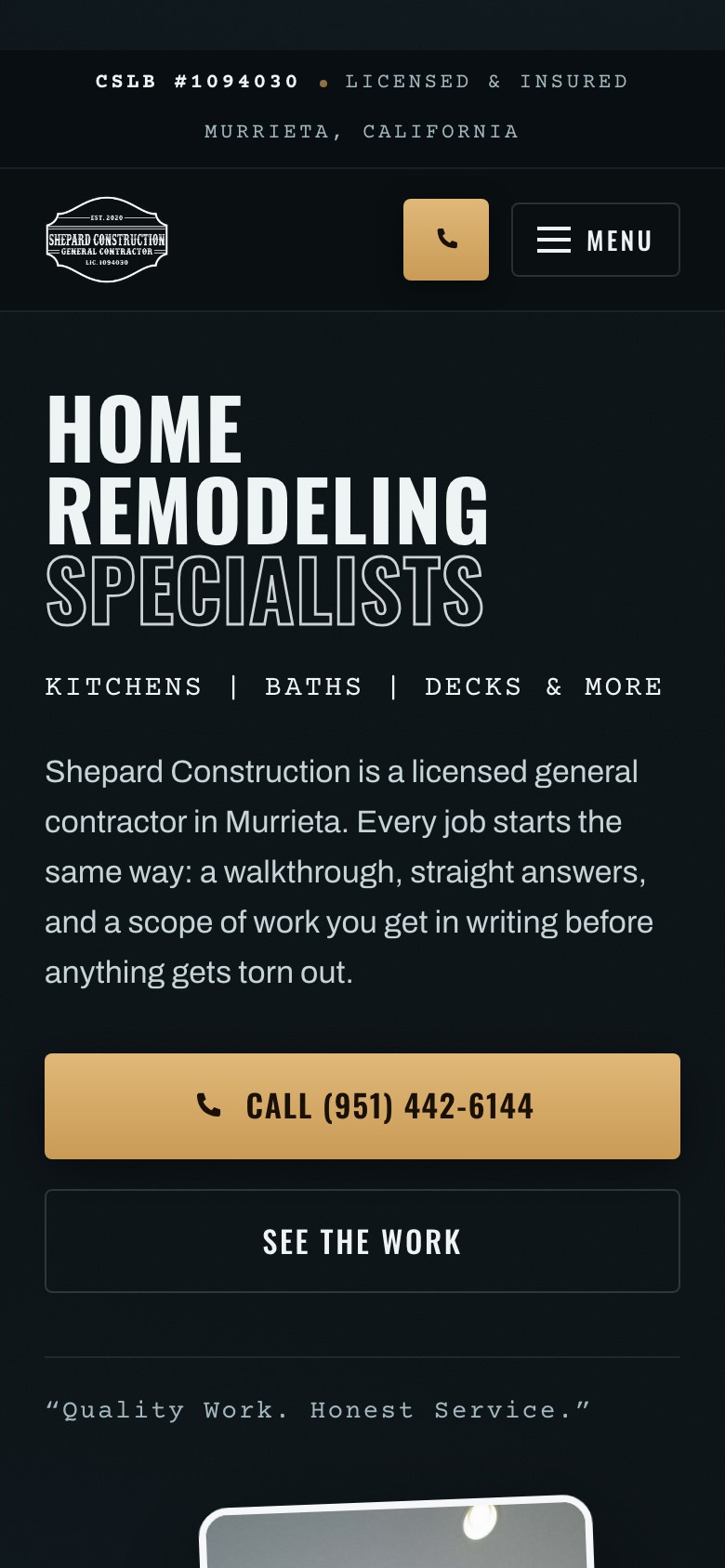 Homepage concept built for Shepard Construction, on a phone