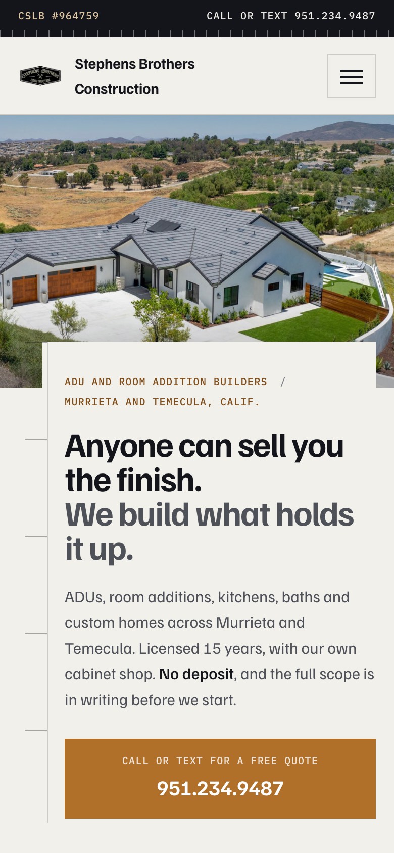 Homepage concept built for Stephens Brothers Construction, on a phone