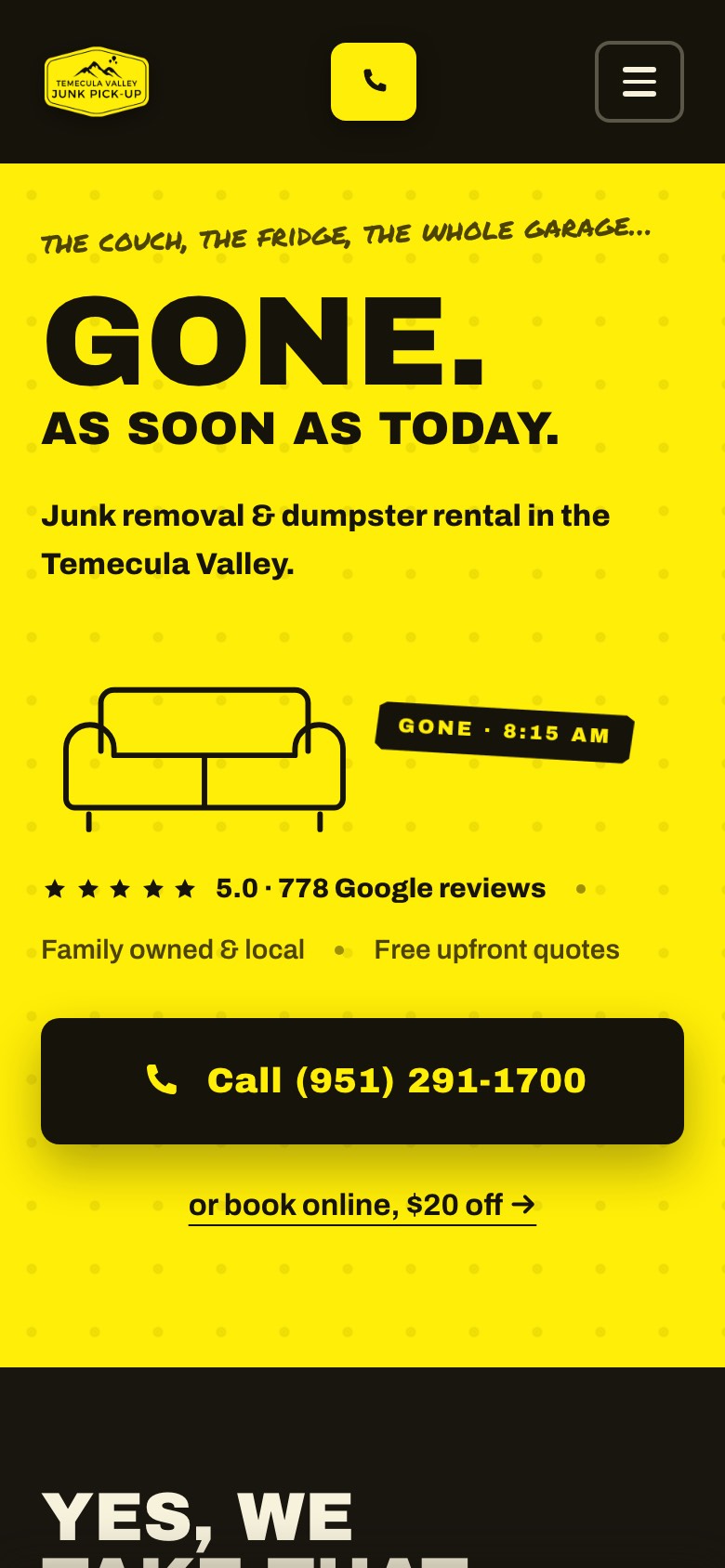 Homepage concept built for Temecula Valley Junk Pick-Up, on a phone