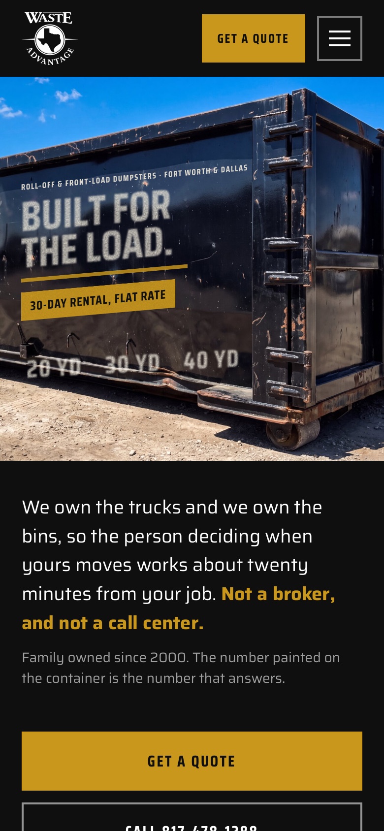 Homepage concept built for Waste Advantage TX, on a phone