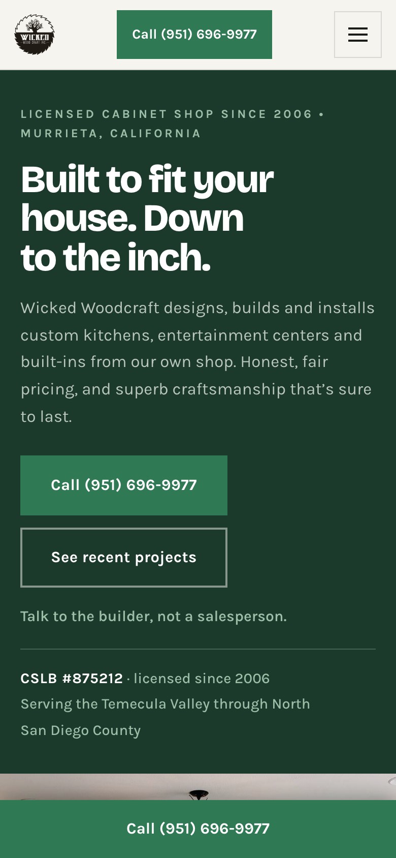 Homepage concept built for Wicked Woodcraft Inc., on a phone