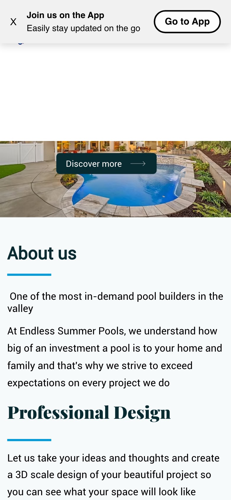 Endless Summer Pool and Design website before, on a phone