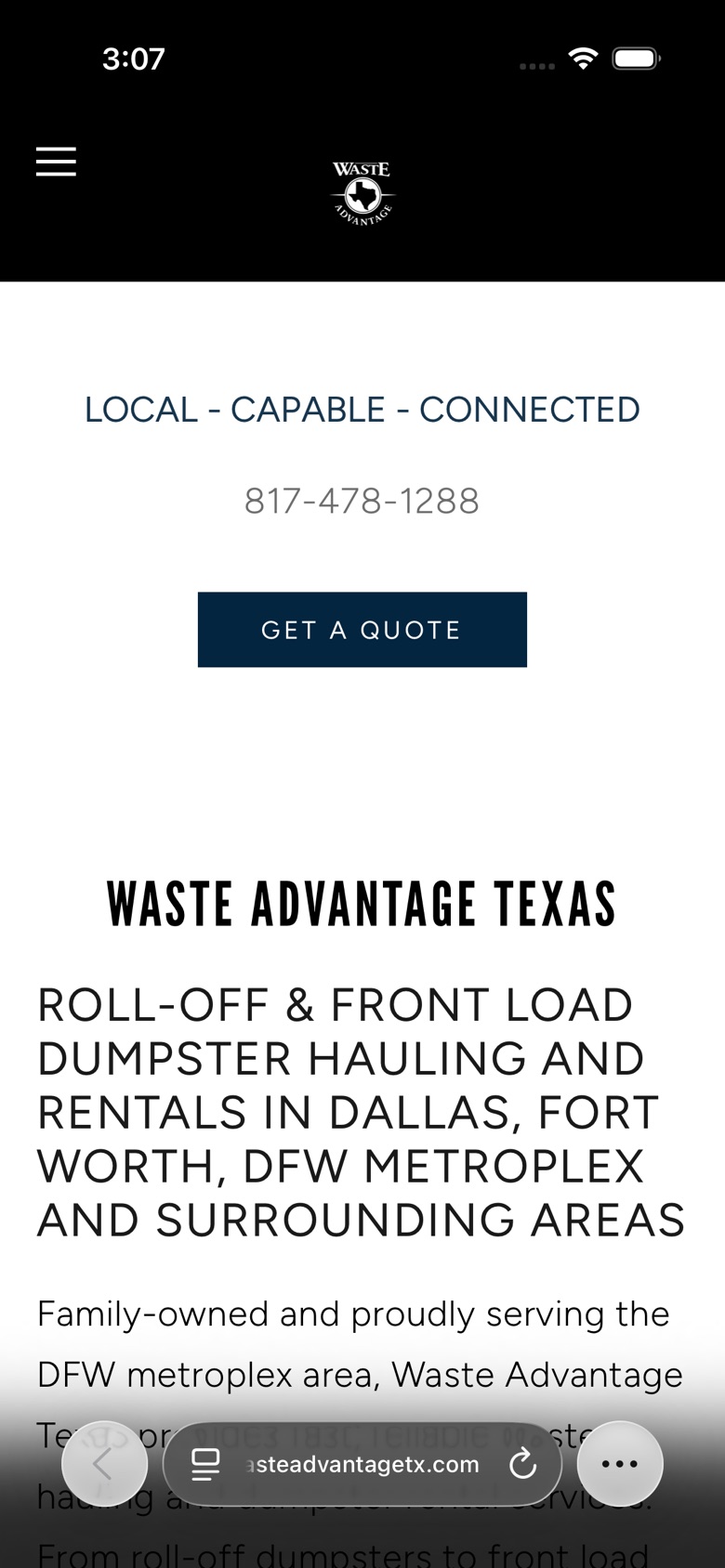 Waste Advantage TX website before, on a phone