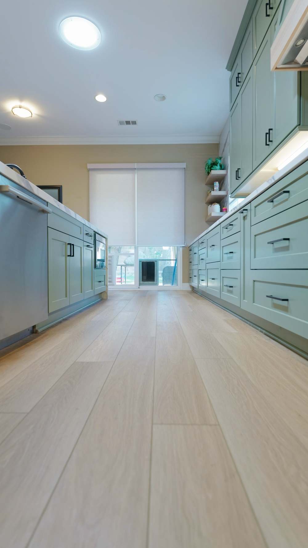 View down the finished kitchen, wall to wall
