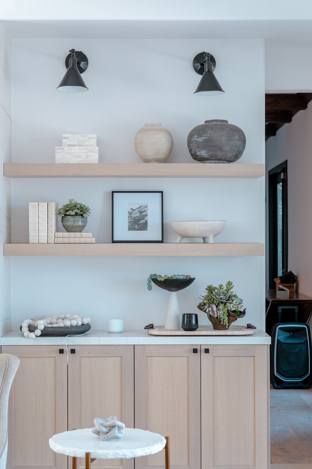 Floating shelves and built in cabinetry