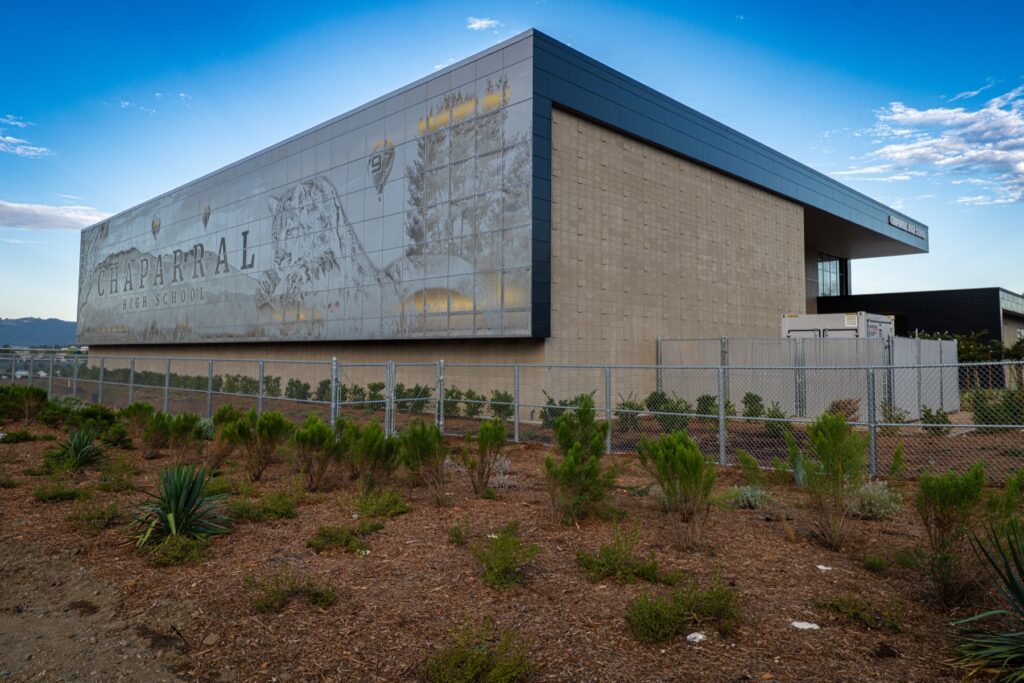Chaparral High School auxiliary gymnasium mural facade photographed in 2025