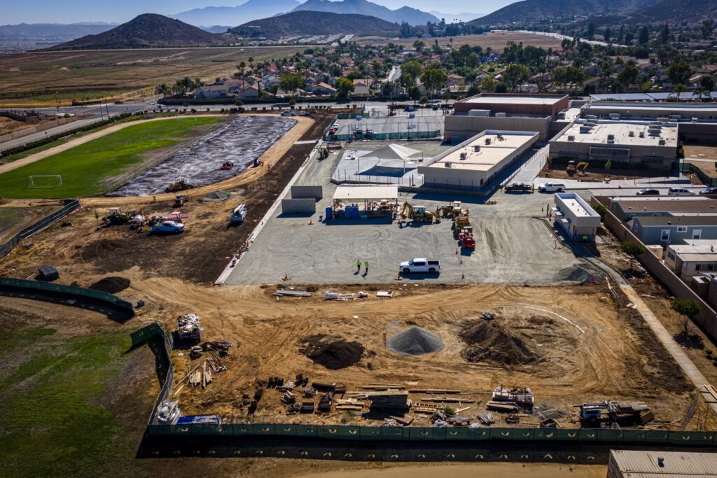 Aerial view of active work at Hans Christensen Academy in 2025